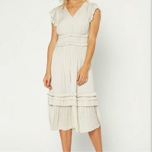 Current Air V-Neck Cap Sleeve Midi Dress Allover Pleating Relaxed Fit Ecru Sz L